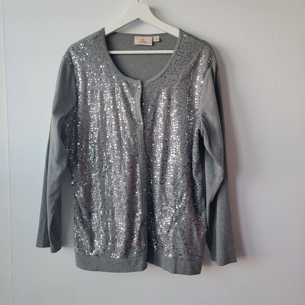 Quacker‎ Factory womens size L Sparkle & Shine Sequin Knit Duet Cardigan